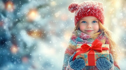 A joyful young girl wearing a colorful scarf and mittens, holding a large gift with a bright red ribbon, surrounded by a magical winter wonderland of snow-covered trees and twinkling lights.
