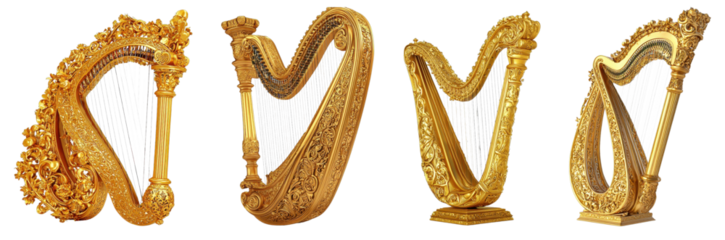 Exquisite Harp Collection Display Art Gallery Musical Instruments Elegant Setting Close-Up View Cultural Heritage Appreciation