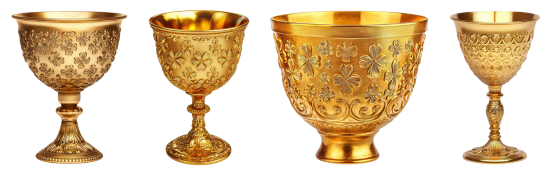 Elegant Golden Chalices Displayed Luxurious Collection Decorative Art Studio Setting Close-Up View Opulence and Craftsmanship