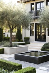 Obraz premium This stunning garden design showcases elegant olive trees beautifully paired with a contemporary water fountain, creating a stylish and serene residential atmosphere