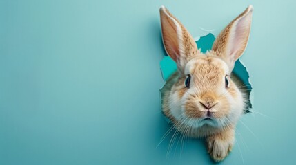 Obraz premium Rabbit peeking through a hole in a wall. Easter background with copy space.