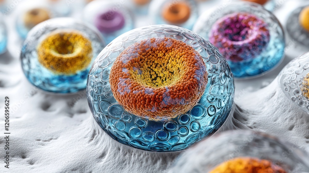 Poster microscopic view of colorful cells with detailed structures and textured surface