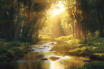 Obraz premium Serene forest landscape with a gentle stream reflecting sunlight amidst lush greenery and tranquility