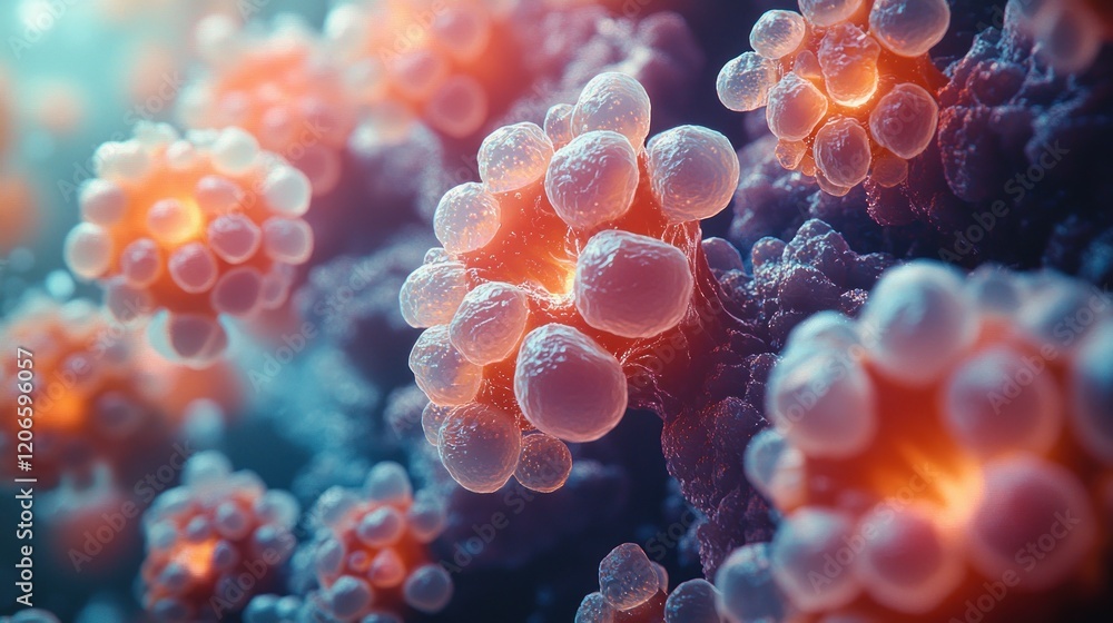 Poster microscopic visualization of virus cells: intricate structures and vibrant colors in a 3d rendering