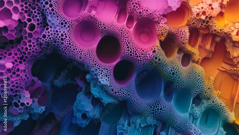 Aufkleber Abstract colorful 3D render of porous, textured surface with vibrant hues and irregular shapes.