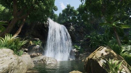 Obraz premium Serene Waterfall in a Lush Tropical Forest