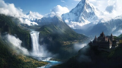 Majestic Himalayan Waterfall and Ancient Monastery
