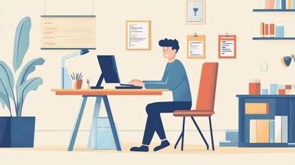 Man Working at Computer in Modern Office Space