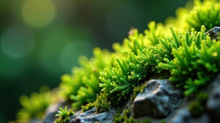 Fototapeta premium Vibrant Green Moss Thriving on Rocky Surface in Soft Sunlight, Displaying Delicate Texture and Lush Foliage