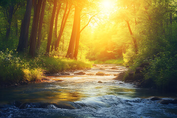 Obraz premium Serene river flowing through a lush green forest at sunset, with golden light filtering through trees