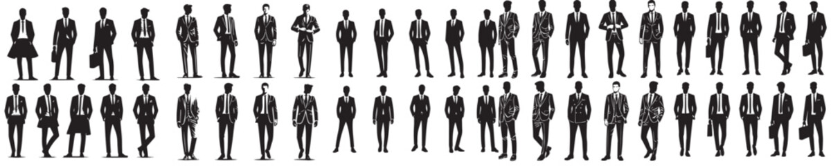 collection of vector icons of male silhouette models wearing suits