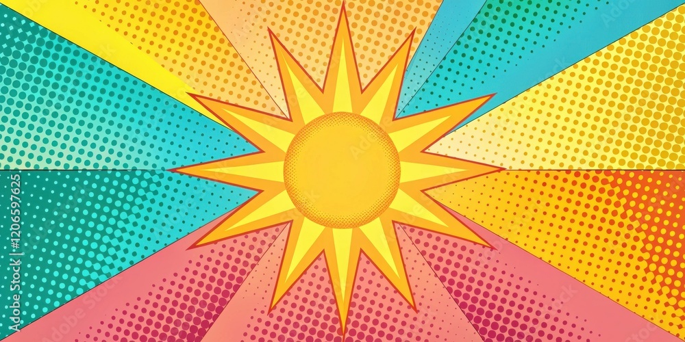 Wall mural vibrant sunburst design featuring multicolored halftone patterns and geometric shapes ideal for ener