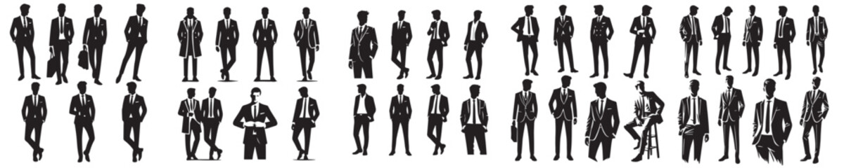 collection of vector icons of male silhouette models wearing suits