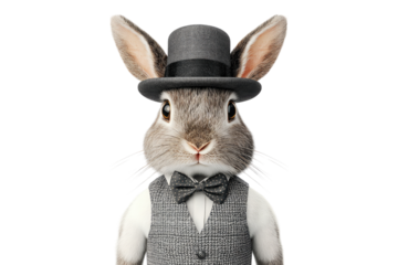 Rabbit wearing a gray top hat and formal vest with bow tie isolated on white or transparent PNG