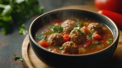 Hot delicious meatball soup on a black bowl