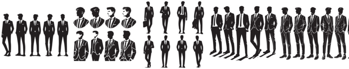 collection of vector icons of male silhouette models wearing suits