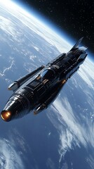 Obraz premium A futuristic spacecraft in orbit above Earth.