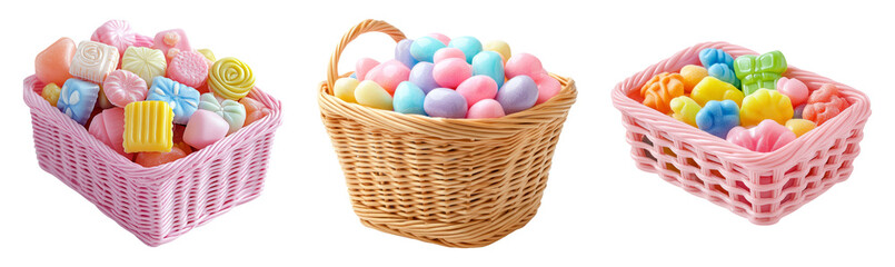 Naklejka premium Colorful Candy and Easter Egg Baskets on Transparent Background