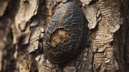 Close-up of a Damaged Seed Pod on Tree Bark