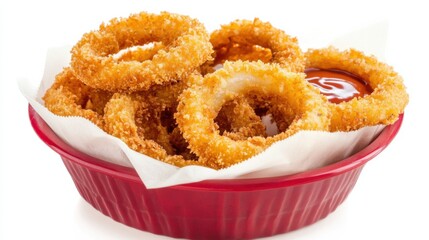 A basket of golden onion rings with a crispy, breaded coating and a side of tangy dipping sauce, Each ring’s crunchy texture and savory aroma captured with precision