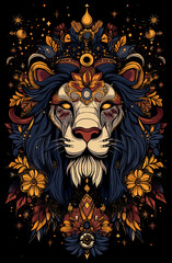 Obraz premium A lion with a flowery design on its face. The lion is surrounded by a lot of flowers and stars