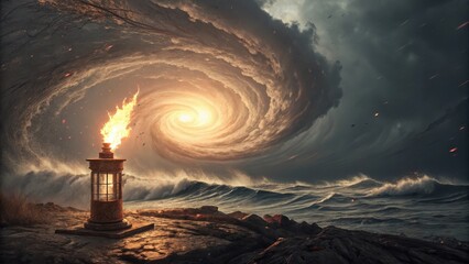 Surreal Flame Illuminating Cosmic Swirls Over Ocean