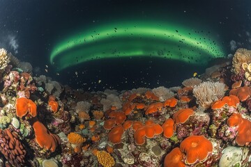 Enchanting Coral Reef Under Aurora Borealis - Underwater Wonderland with Vibrant Marine Life Amid Northern Lights