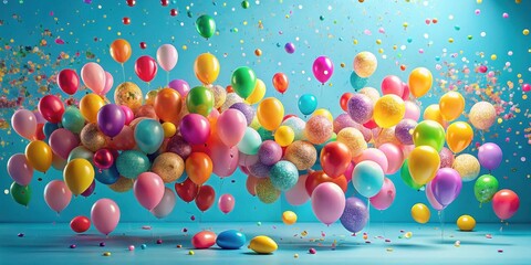 A jubilant explosion of colorful balloons and confetti celebrating a joyous occasion