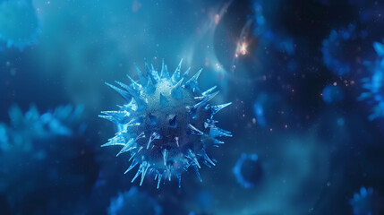 Fototapeta premium Close-up of a glowing blue virus particle in a microscopic, otherworldly environment