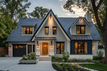 Naklejka premium Charming modern home with elegant exterior design and landscaped front yard illuminated at dusk in a serene neighborhood