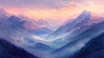 Serene Mountain Landscape at Sunrise with Soft Pastel Colors