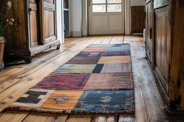 Rustic patchwork runner on aged wood floor. Adds warmth and texture to hallway or entryway.