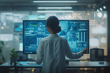 A woman is standing in front of a computer monitor with a lot of data on it