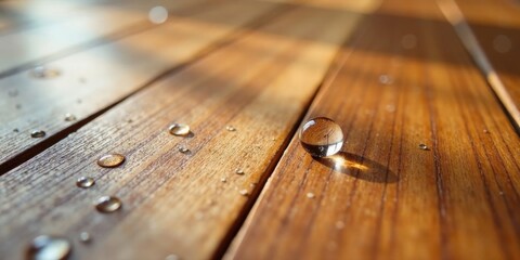 A tiny sphere rests on a polished wooden surface, reflecting sunlight and surrounded by droplets of water.