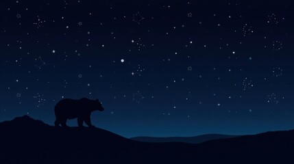 Silhouette of a bear standing on a hill under a dark night sky filled with stars and a moon