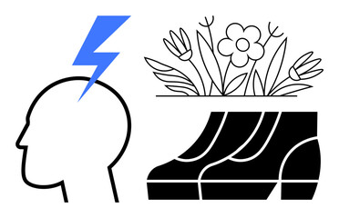 Human head with blue lightning bolt, flower bed with blooming flowers, three feet in sneakers. Ideal for mental health, creativity, growth, fitness, positivity mindfulness motivation. Abstract line
