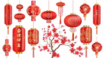 Red Chinese lanterns with intricate gold designs and cherry blossoms on a white background