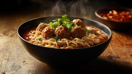 A bowl of hot meatball soup on wooden table