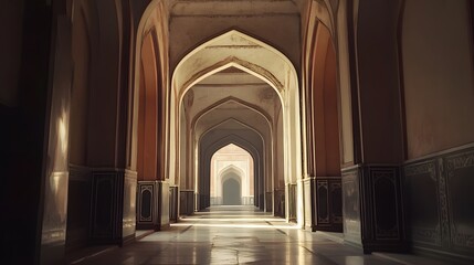 Obraz premium Sunlit Corridor With Ancient Architectural Arches