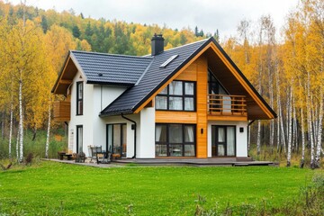 Obraz premium A contemporary wooden home nestled amidst vibrant autumn trees creates a peaceful scene in the countryside, set against a backdrop of moody clouds