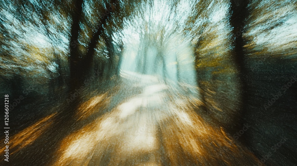 Poster abstract forest path: a journey through blurred trees and light