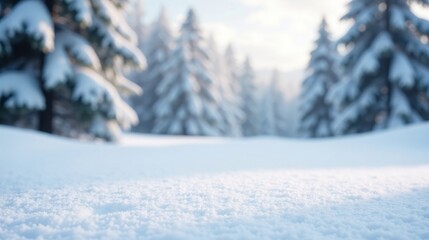 Obraz premium Serene Winter Wonderland Close-Up of Fresh Snow with Defocused Evergreen Trees in the Background