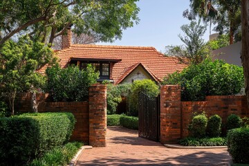 A delightful brick home surrounded by vibrant greenery, featuring a beautifully landscaped entrance, nestled in a peaceful neighborhood under a bright, sunny sky