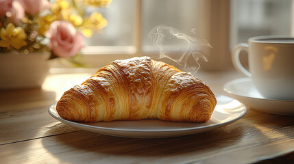 Warm croissant on plate with steaming cup of coffee near window.