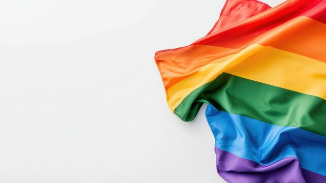 Lgbt community history flag and symbol. Colorful rainbow flag draped on a white surface.
