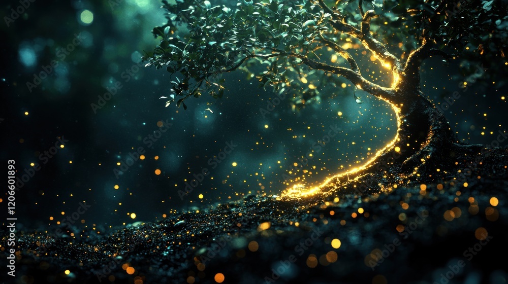 Poster Mystical Glowing Tree in a Dark Forest at Night, Illuminated by Golden Light and Magical Sparkles, Creating a Dreamy and Enchanting Atmosphere