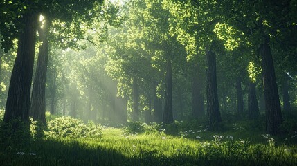 Obraz premium Tranquil Forest Scene with Tall Trees and Dappled Sunlight
