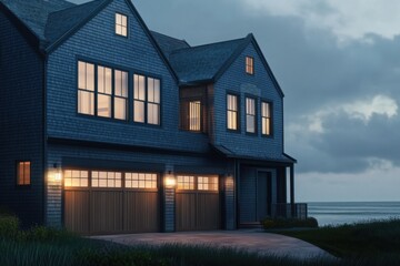 Charming coastal house illuminated at dusk with a scenic view of the ocean and a tranquil atmosphere, creating a serene evening retreat on a peaceful shoreline