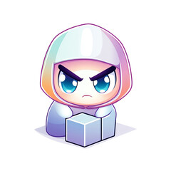 Cute animated character holding a cube digital art playful environment cartoon style whimsical concept