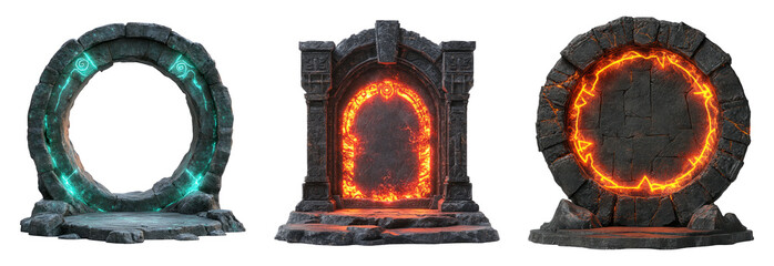 Magical portal stone structures with glowing effects on transparent background